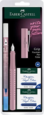 Faber-Castell 202037 - Pluma estilográfica Grip 2010 Harmony, pluma M, color rosa oscuro, con borrador de tinta y 12 cartuchos de repuesto