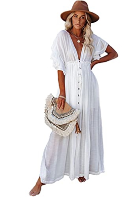 BRONG Vestido de playa para mujer, estilo kimono, cárdigan largo, bikini, blanco, Taille unique