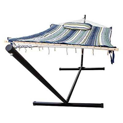 SUNNY GUARD Hamaca Doble para 2 Personas con Soporte de Acero portátil de 12 pies y Barra esparcidora, Almohada y Almohadilla Desmontables,Verde Oscur