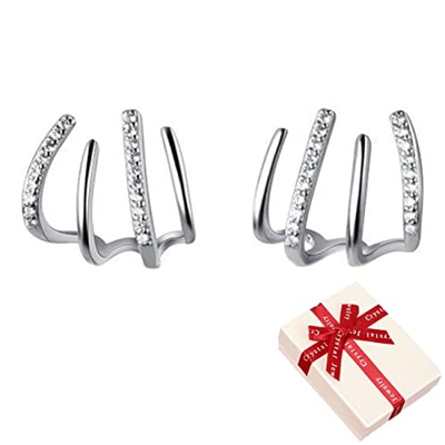Twaynorb Shiny Crystal Earrings,Claw Earring Cuff For Women,Four-Claw Pin Rope Earrings,Zircon Pierced Needle Ear Cuffs Wrap Stud Earrings (Silver)