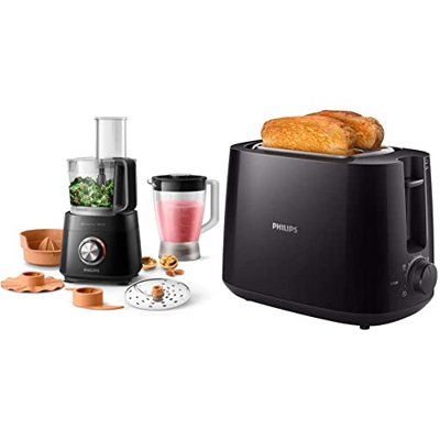 Philips Robot De Cocina Hr7510/10 - Robot De Cocina Compacto Todo En Uno, Amasa, Bate + Hd2581/90 Daily Collection Hd2581/90-Tostador, Negro, Giratori