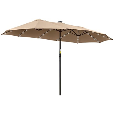 Outsunny Sombrilla Doble de Jardín con 48 Luces LED Solar 450x265x240 cm Parasol Grande de Exterior con Manivela Protección Solar para Terraza Balcón 