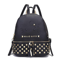 Hello Kitty Black - Bolso Mochila Rock, Color Negro con Tachuelas Doradas, 3 Compartimentos con Cremalleras, Tirantes Traseros Ajustables, Resistente  características