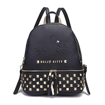 Hello Kitty Black - Bolso Mochila Rock, Color Negro con Tachuelas Doradas, 3 Compartimentos con Cremalleras, Tirantes Traseros Ajustables, Resistente 