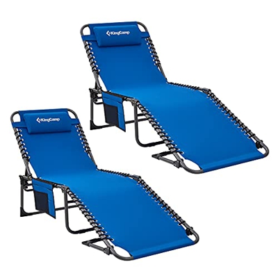 KingCamp Reclining Sun Lounger 4-Position Adjustable Foldable Heavy Duty Lounge Chair Camping Folding Bed with Pillow & Pocket for Patio Garden Beach 