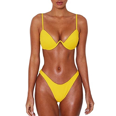 Joligiao Mujer Traje de Baño Conjunto de Bikini Push Up Sexy Brasileño Bikini con Cuello en V Ropa de Playa Bañador Bikini de Corte Alto con Aros y Br