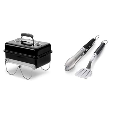Weber 1131004 - Barbacoa Go-Anywhere Black Carbón + 6645 - Set De 2 Utensilios De Acero Inoxidable - Modelo Pequeño