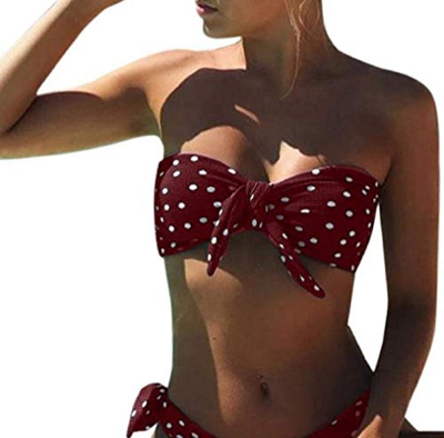Voqeen Mujeres Cuello Halter Sin Tirantes Bandeau Giro Hacer Subir Lunares Conjunto de Bikini Traje de baño (Rojo, XL)
