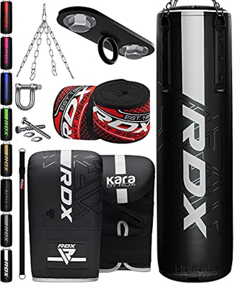 RDX Saco de Boxeo Adulto Relleno 5ft 4ft, 8PC Maya Hide Cuero Anti Swing Punching Bag Set con Guantes, Gancio, Bolsa Pesada para Artes Marciales Kick 
