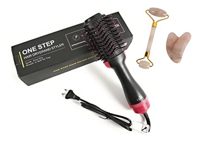 Cepillo Secador de Pelo. Cepillo de Aire Caliente 4 en 1. Cepillo Secador Alisador Multifuncional + Rodillo de Jade Masajeador Facial - Jade Roller (R