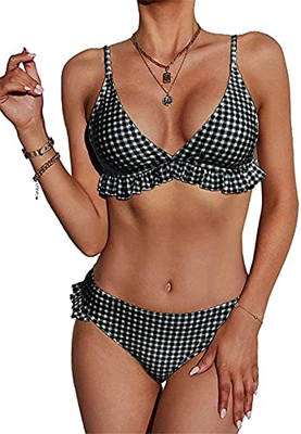CheChury Conjunto de Bikini con Relleno Push Up Triangular Tartán Sexy Retro Brasileños Mujer Traje De Baño Bikini Mujer Dos Piezas Tartán Cuello Halt