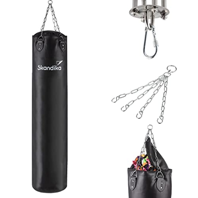 Skandika Saco de Boxeo | Cadena de Acero de Cuatro Puntos, con Relleno, suspensión en el Techo, colgado, tamaños: 90 120 150 180 cm | para Muay Thai, 