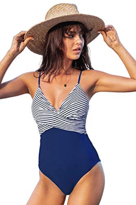 Sunlisky Bañador para Mujer Tirantes Ajustables con Raya Trajes de Baño Cuello en V Fruncido Trajes de Baños para Mujer Push Up