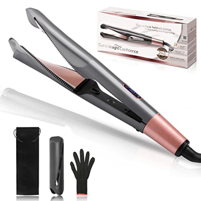 DASIAUTOEM Plancha de Pelo Profesional,Curl&Straight Confidence 2 en 1,Plancha Curva Rizador,Alisador y Rizador,Ondas y Rizos,Tecnología Cerámica,Plan