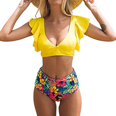 heekpek Conjunto de Bikini Traje de Baño Mujer Sexy Bañador Estampado de Flores Top con Volantes Braga Talle Alto para Dos Piezas Ropa de Playa Tallas