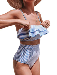 heekpek Bikini con Volantes a Rayas Top Palabra de Honor Relleno Braga Talle Alto para Mujer precio