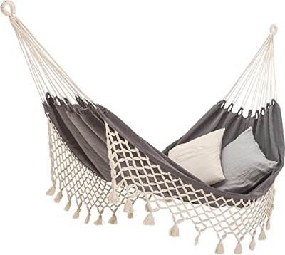 ecomundy Romance Bio XL 360 Gris/Ecru - Hamaca con Flecos - 2 Personas - Tejida a Mano - Gots - algodón biologico - 160x240x360cm