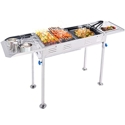 bigzzia barbacoa carbon Portátil de acero inoxidable con sartén, parrilla de barbacoa con almacenamiento de doble cara, parrilla de carbón ideal para 