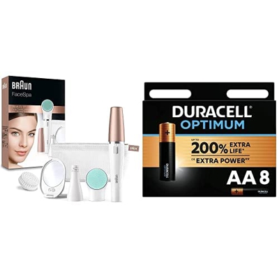 Braun FaceSpa Depiladora Facial Mujer 3 en 1 con Cepillo Limpiador y de Masaje, 851, Blanco + Duracell - Pilas alcalinas Optimum AA, 1.5 Voltios LR6 M