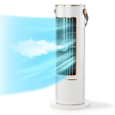 Ventilador Torre, Ventilador de Escritorio con 3 Velocidades, Temporizador 4H, Pulverización, Oscilación de 120°, Mini Enfriador de Aire Evaporativo c