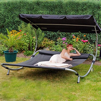 Loywe Tumbona Doble de Jardín con Toldo y 2 Cojines para 2 Personas Tumbona con Ruedas para Piscina Terraza Exterior Porche 200x196x137cm Negro LW22S