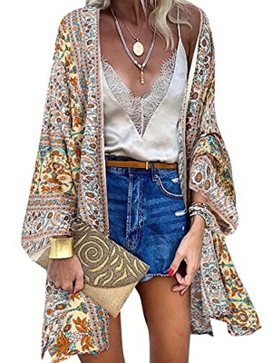ZANZEA Mujer Gasa Cárdigan Floral Kaftan Playa Kimono Pareos Bohemia Suelto Verano Cover Up Blusa Homewear Tops Bohe Albaricoque S