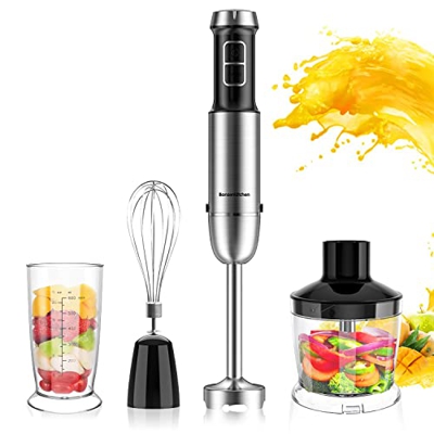 Batidora de mano 4 en 1 de acero inoxidable, 9 velocidades con Turbo Boost, batidor de varillas, vaso medidor de 600 ml, cuenco de 500 ml