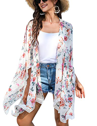 Irevial Cárdigan Kimonos Mujer Playa Camisolas y Pareos Elegante Chaqueta de Gasa Manga 3/4 Ropa de Baño Cover Up Vacaciones Albaricoque Claro Estampa en oferta
