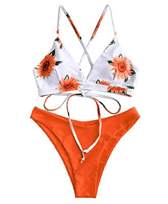 CheChury Mujeres Conjunto de Bikini con Relleno Halter Bañador Push Up Tirantes Cruzados Bikini Floral impresión Trajes de baño
