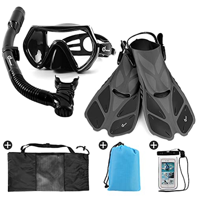 Odoland Snorkeling Set 6-in-1 con máscara de Snorkel de Vista Amplia, Snorkel seco, Aletas, Bolsa, Estuche Impermeable, excelente Equipo de Buceo para