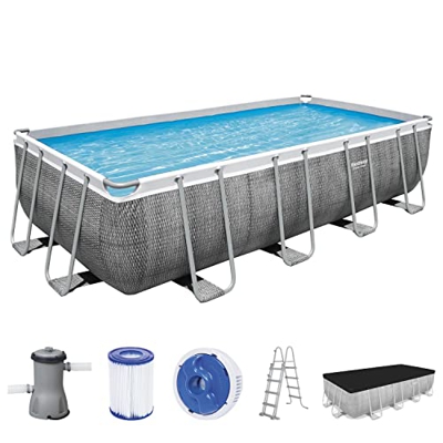 Bestway Power Steel Frame - Piscina Rectangular (488 x 244 x 122 cm, con Bomba de Filtro, Efecto ratán), Color Gris