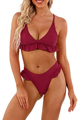 heekpek Bikini Traje de baño Conjuntos Playa Ropa Bañador a Cuadros Tanga Top Triángulo Relleno Braga con Volantes para 2 Piezas Mujer Sexy(Rojo,L)