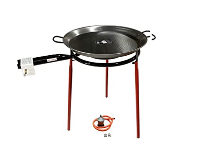 Kit Paellero, Quemador a Gas butano, paellera acero pulido, regulador de Gas + 1,5 metros de Manguera, soporte de 3 Patas reforzadas (65)