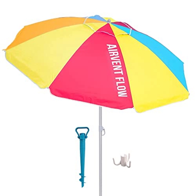 Sombrilla de Playa con Soporte de Tornillo y Percha, Sombrilla Sistema Antiviento, Acero, Inclinable, Protección Solar UPF+50 - Ø 180 cm