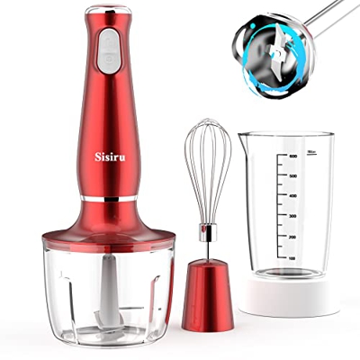 Juego de batidora 4 en 1 (batidora, picadora, batidora y vaso medidor), motor de 800 W, rojo, sin BPA, apto para lavavajillas, para batidos, sopas, yo