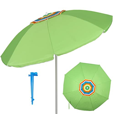 H HANSEL HOME Sombrilla de Playa con Soporte de Tornillo, Sombrilla Sistema Antiviento, Inclinable, Tubo Aluminio, Protección Solar Anti-UV (180cm, Ve