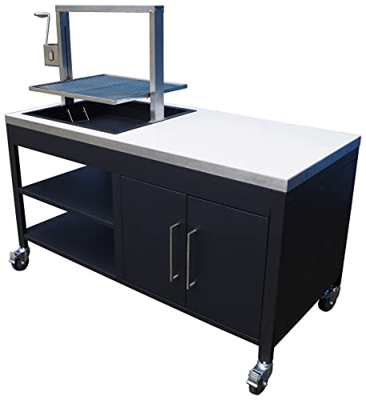 Metro Professional Barbacoa giratoria para carbón/madera con ruedas, recoge-ceniza extraíble y armario de almacenamiento, parrilla inox, superficie de