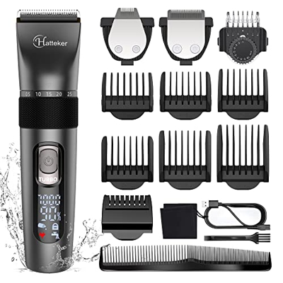 Hatteker Cortapelos para hombre, con batería, set de cortapelos impermeable, velocidad ajustable, 15 piezas, recargable por USB