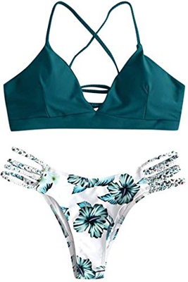 CheChury Conjunto de Bikini con Estampado de Girasol Moda Mujer 2022 brasileños Push Up Traje de bañode Dos Piezas con Encaje Trenzado