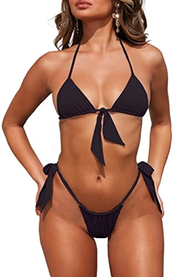 NLAND Conjunto De Bikini De Dos Piezas para Mujer Top De Triángulo Ajustable con Tirantes Y Tanga Braga Brasileña De Cintura Baja(Negro,M)