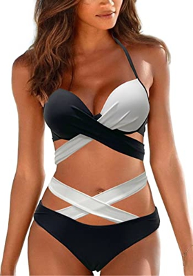 Trajes de Baño Bikinis Brasileño Mujer de Dos Piezas Bañadores Brasileno Doble Frontal Cruzada Traje de Baño Bikini Triangulo Push Up (Negro-Blanco, M