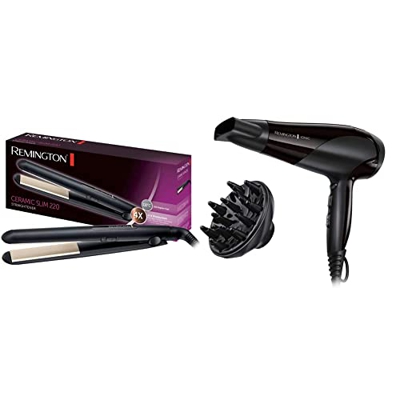 Remington Plancha de Pelo Ceramic Slim Cerámica Anti-estática, Turmalina, Capa Protectora Teflón + Ionic Dry 2200 Secador de Pelo, Secador Iónico, Con
