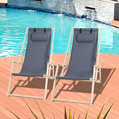 Cecaylie 2 tumbonas de jardín de madera prémium, con reposabrazos y almohada, tumbona de jardín, tumbona relax para adultos, silla de playa plegable, 