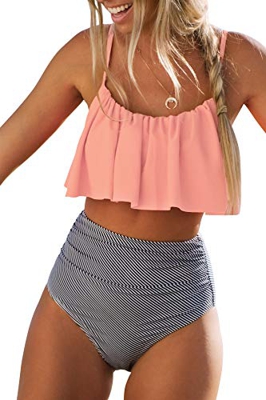 CUPSHE Conjunto de Bikini Mujer Volante Falbala Cintura Alta Traje de Baño de Dos Piezas, M