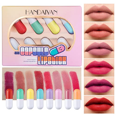 herommy Pintalabios Pastilla Mini Velvet, Juego de Maquillaje de Labios Mini Pills, Juego de lápiz Labial Resistente al Agua de 8 Colores de Larga dur