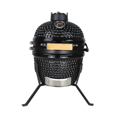 BluMill Barbacoa de cerámica Kamado, con tapa y ventilación, calor constante durante mucho tiempo, para asar, ahumar y cocer, incluye termómetro