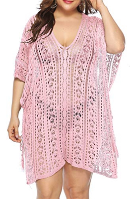 L-Peach Crochet Pareo Túnica de Playas para Mujer Bikini Coverups Net Beachwear Rosa