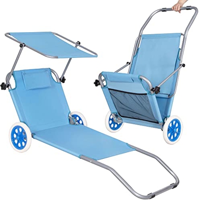 SPRINGOS Tumbona de jardín Tumbona de Playa Tumbona con Ruedas Capota 51 x 150 cm Reposacabezas Tumbona de Relax Respaldo Ajustable en 5 direcciones