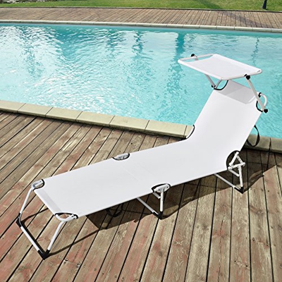 Tumbona Plegable 190cm Blanca con Techo - Acero - Hamaca de Playa, para jardín, Silla reclinable Piscina