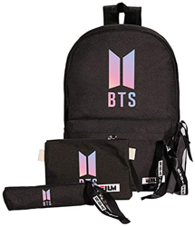 BTS - Juego de 3 Mochilas de Dibujos Animados, Mochilas Escolares, Estuches y Bolsos para Hombro, Unisex, Casual, para Fans de BTS Negro Negro 45 * 31 características